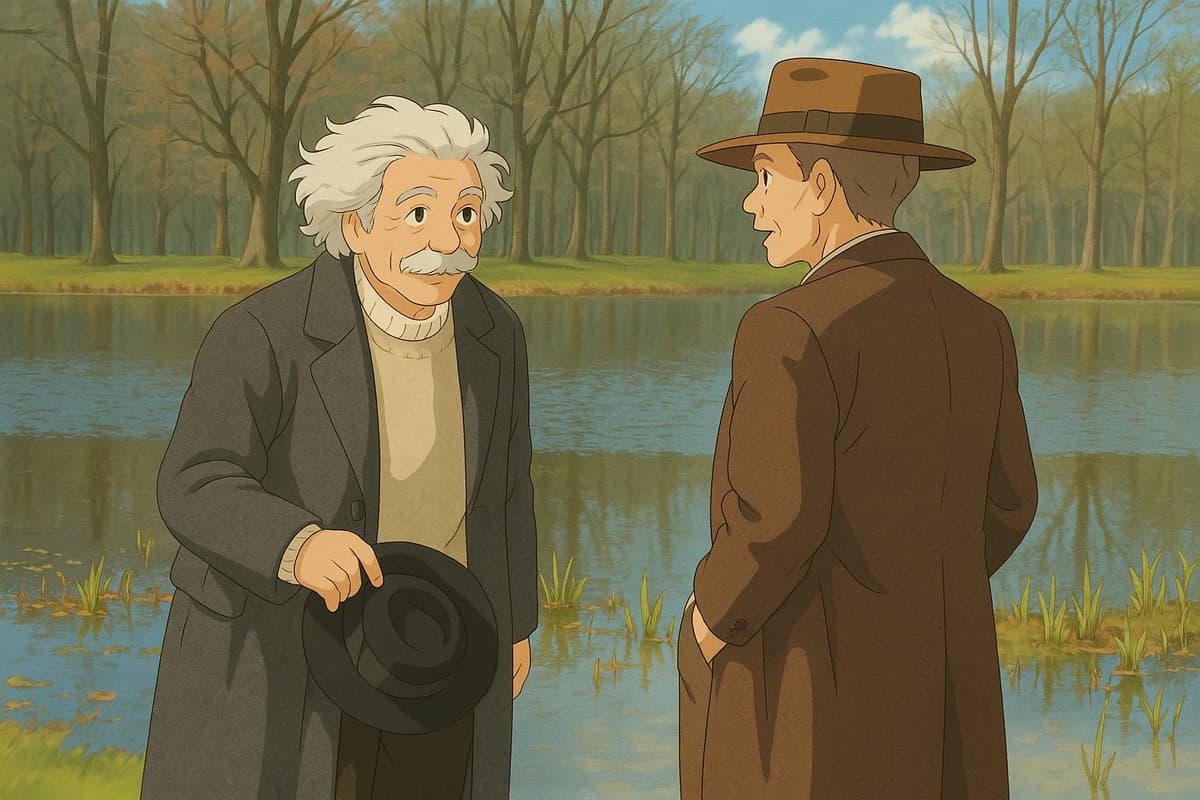 Ghibli AI Generated Einstein and Oppenheimer by the Lake